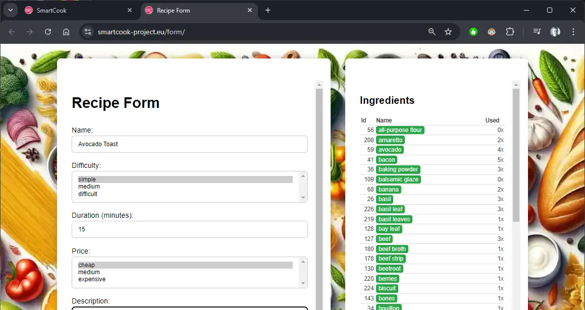 Form - an application for managing the recipe database